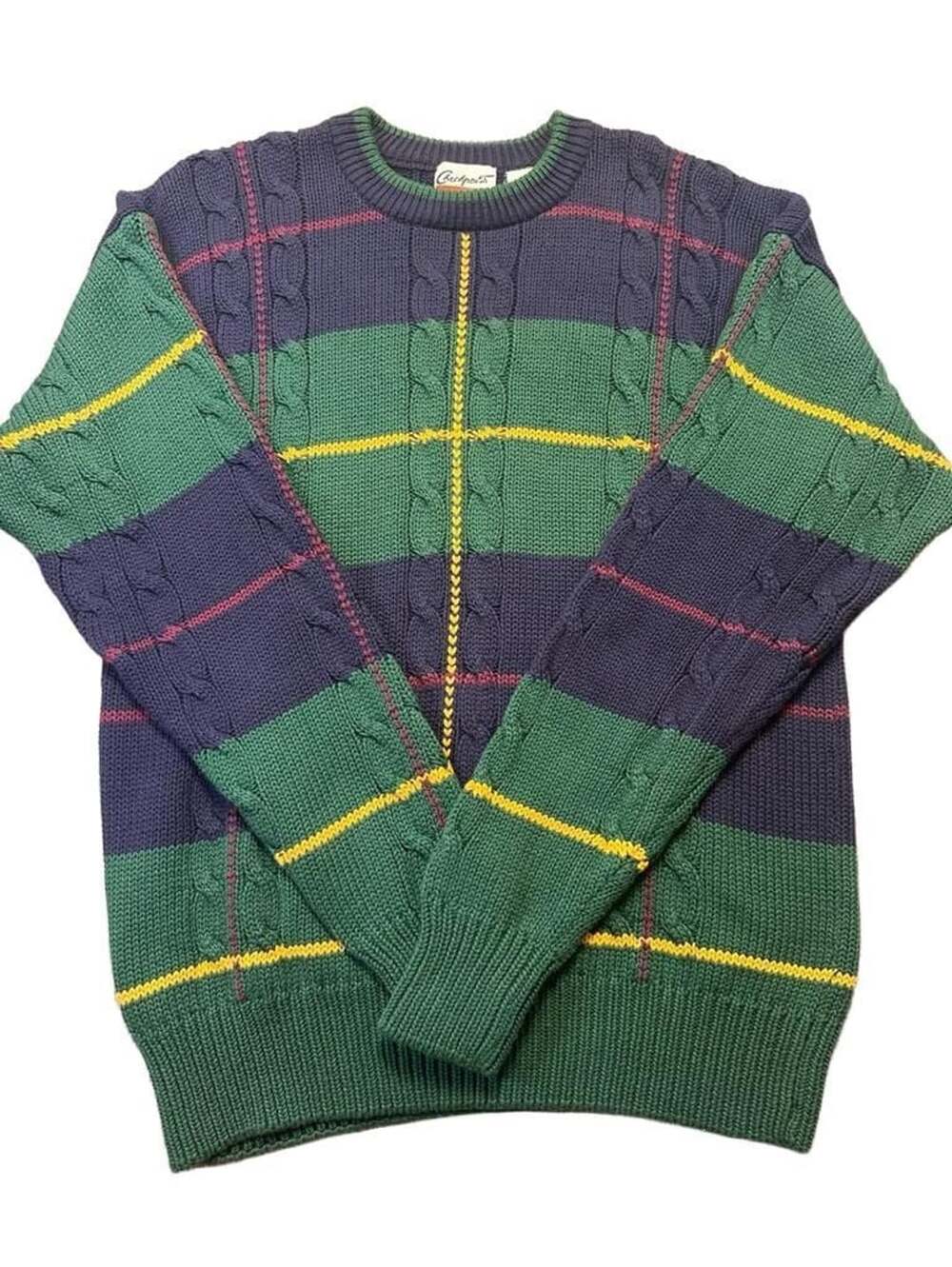 Vintage Plaid Cable Knit Crewneck Cotton Grandpa
Sweater Navy Green Sz Mens L